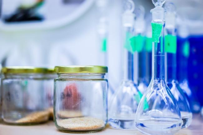 Bottles and jars in a science lab.