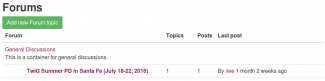 A forums listing page with a large green button labeled "Add new Forum topic" at the top.