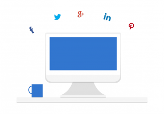 Desktop with social media icons above.