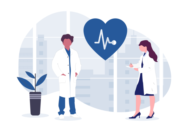 Two people in lab coats in front of a heart with a monitor line on it.